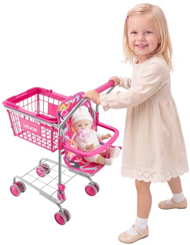 VEVOR Chariot de Courses pour Enfants, Cadre en Métal, Chariot de Supermarché Jouet Pliable avec Poupée, Siège pour Poupée, Jeu d'Imitation dès 3 ans, 4 Roues Pivotantes, Panier et Rangement Inférieur
