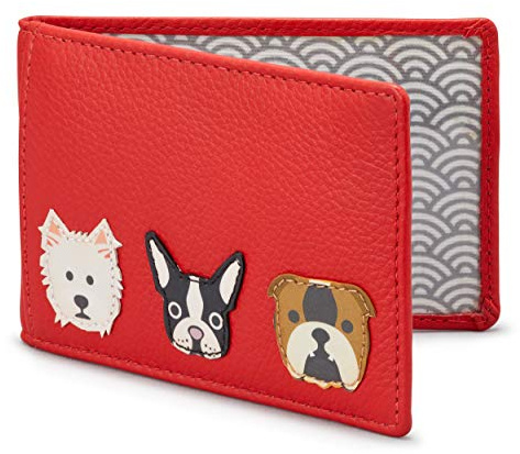 Yoshi Reisepass/Austernkartenhalter mit Hundeapplikation, Leder, rot, Kartenhalter