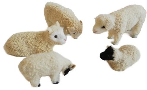 Schafherde Echtfell - 5 Tiere - passend zu 30cm Figuren - Krippenschafe