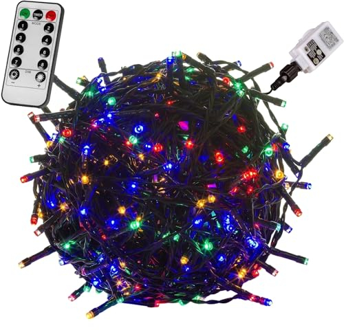 VOLTRONIC LED Lichterkette, IP44, Modell- und Farbwahl, 600 LEDs, Grünes Kabel, bunt, Fernbedienung