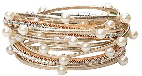 Cheerlife Mehrschichtig Leder Wickelarmband künstliche Perlen Mädchen Damen Party Kleid Zubehör Magnetverschluss Armband (Hellgold+Perlen)