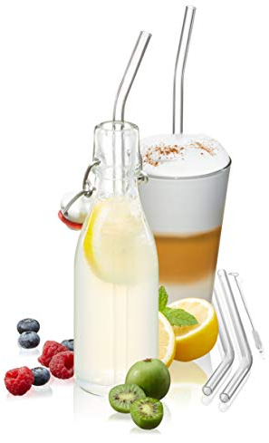 GEFU 12704 Glasstrohhalme FUTURE 4er-Pack 23 cm gebogen - Wiederverwendbare & Plastikfreie Glas-Trinkhalme + Reinigungsbürste