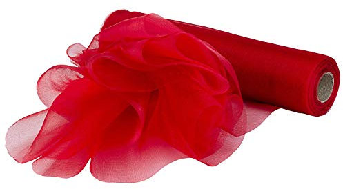 WedDecor 25m X 29cm Neige Organza Pur Rouleaux Paillette Tissu pour Mariage Décoration, Chaise et Table Arrière Goutte, Noeuds, Drapage, Écharpe, Blanc - Rouge