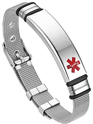 Flongo SOS Damen Medical Armband Männer Armreif, Edelstahl Kette mit Mesh Band Silber Medical Alert ID Notfall Medizinische Marke Herren-Accessoires Kostenlose Gravur