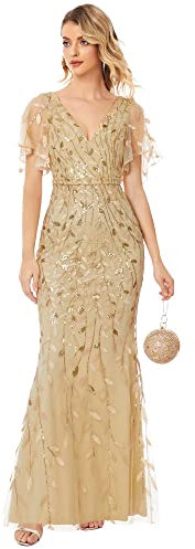 Ever-Pretty Women's Elegant Mermaid Ruffle Sleeve V Neck Shiny Maxi Prom Dresses Gold 14UK