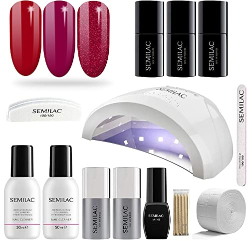 SEMILAC Love Me Starter-Set für Nägel, professionelles Gel-Nagel-Set mit LED-Lampe (48 W / 24 W), Rot, 027 intensives Rot, 028 Classic Wine, 181 Spicy Salsa