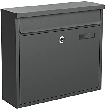 BASI Briefkasten | Wandbriefkasten aus Stahl | Farbe Anthrazit Matt | mit Namensschild | Zylinderschloss mit 2 Schlüssel | inkl. Befestigungsmaterial