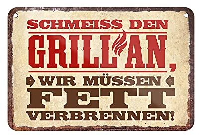 Grill Blechschild - lustiges Hängeschild mit Kordel und Saugnapf - Retro Dekoration Schild für Terrasse Balkon Garten Grillplatz Grillhütte Garten- Metallschild Geschenk Grill BBQ - 18x12cm