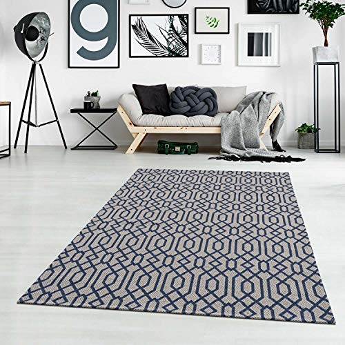 carpet city Teppich Baumwolle Kurzflor Grau Blau - 130x190 cm - Scandi-Stil Geometrisch - Baumwollteppich - Esstisch Wohnzimmer Badezimmer Teppiche - Flachgewebe