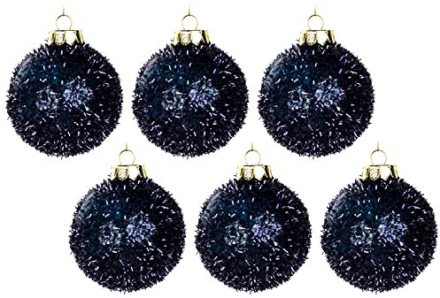 BWG 6 x Navy Blue/Midnight Tinsel Texture Christmas Tree Baubles (6 count) - Plastic, Traditional Style - Christmas