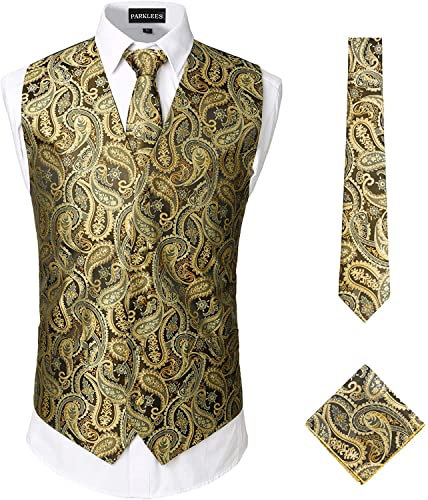 PARKLEES Klassische Herren-Weste, 3-teilig, Paisleymuster, Krawatte, Einstecktuch, Set, Hochzeit, Abschlussball, Party, Weste für Anzug oder Smoking, gold, L