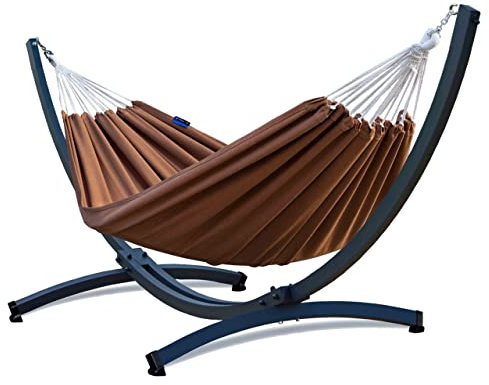 Potenza Outdoor Hängematte mit Tytan Gestell für 2 Personen I Baumwolle Doppelhängematte XXL 220x160, 200kg I Hängemattengestell 350 kg, wetterfest (Toffee, Basic Gestell Graphit)