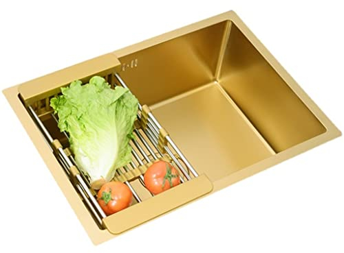 Kitchen Sink. Fregaderos De Cocina,Fregadero De Cocina Dorado De Un Solo Seno, Instalación Empotrada o Debajo De la Encimera,Fregadero De Preparación De Barra Hecho a Mano con Desague, Gold, 60x40cm