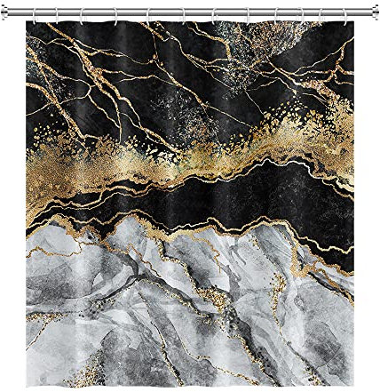 SDOTPMT 180x198cm Marbre Rideau de Douche Poudre d'or Pétillant en Tissu Polyester Étanche Salle de Bain Rideau avec Crochets