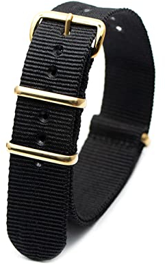 Stevenurr Military Watch Strap Style Watch Wristband 18mm-24mm Nylon Stripe Woven Strap mit Goldschnalle, Schwarz, 18mm