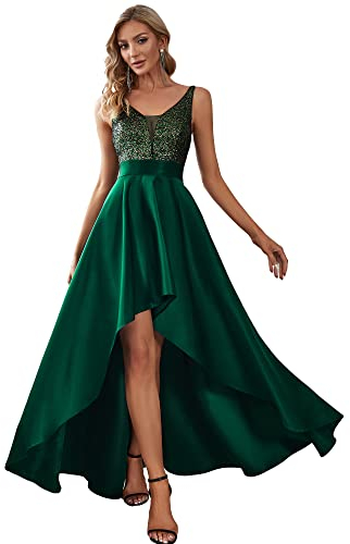 Ever-Pretty Vestiti da Ballo Scollo a V Maniche Corte Linea ad A Corto Davanti Lungo Dietro da Donna Verde Scuro 48