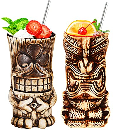 NUACOS Tiki Mugs,Verres de Bar Tiki,Verres Cocktail Ensemble de 2,Bar Accessories,pour décoration de fête Exotique