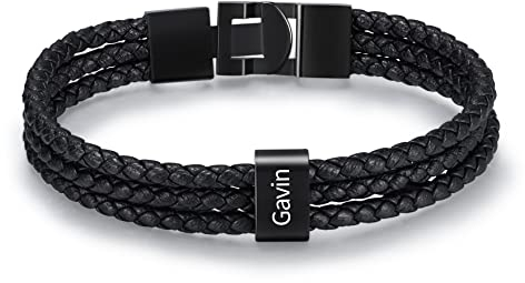 kaululu Personalisierte Herren Lederarmbänder mit 1-6 Namen Gravur Beads Edelstein Familie Herren Armbänder für Männer Frauen BFF Personalisie Geschenke