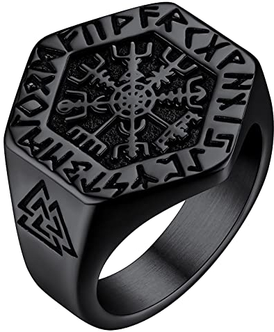 FaithHeart schwarz Siegelring mit Kompass Symbol Retro Viking Style Fingerring mit Rune Skandinavischer Fingerring in Größe 64.6 für Geburtstag Weihnachten