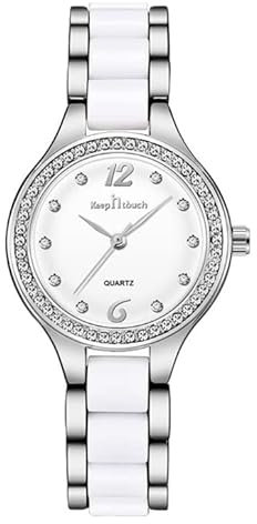 Joielavie Montre Femme Diamant Simulé Strass Étanche Chiffre Arabe Quartz Bracelet en Céramique Blanche Alliage Verre Minérale Cadeau - Argent Or Rose