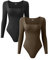 OQQ 2-teiliger Damen Body Sexy Gerippt Einteilig Quadratischer Ausschnitt Langärmelig Bodysuits Schwarz Kaffee