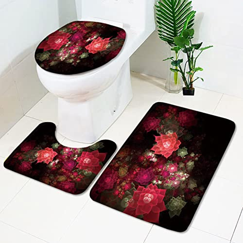 Badezimmerteppich Mandala Pink Schwarz Badematte Set 3 Teilig Fußmatte rutschfest Saugfähig Badteppich Waschbar Fussmatte Teppich Schmutzfangmatte für Badezimmer