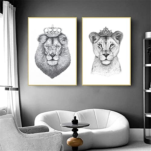 Löwe und Löwin mit Krone Leinwand Bilder, Schwarz Weiß Tier Poster Dekoration, Wildes Tier Kunst Drucke für Wohnzimmer Wohnkultur Dekor Kein Rahmen (Löwe -2, 2x60x90cm)