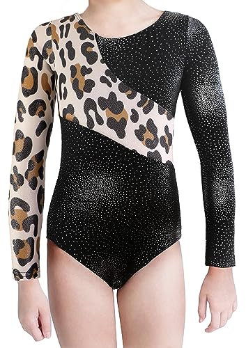 XiaoMoSha Gymnastikanzug für Mädchen, langärmelig, ärmellos, Tanztrikot, glitzernd, Ballett, Tanzkleidung für Kinder von 2–14 Jahren, Leopard-3, 11-12 Jahre