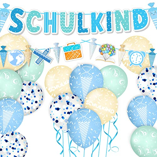 Maqhpu Deko Einschulung Junge, Einschulung Deko Blau, Schulanfang Jungen, 1x Schulkind Deko Girlande, 1x Schultüte Banner mit ABC, 12x Zuckertüte Luftballons mit ABC, 4x Blau Pailletten Ballons