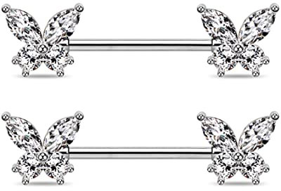 Jewseen Schmetterling Nipple Barbells CZ Nipple Bars 316L Chirurgenstahl Nipple Ringe 14G Nipple Schild Barbell für Frauen Stahl