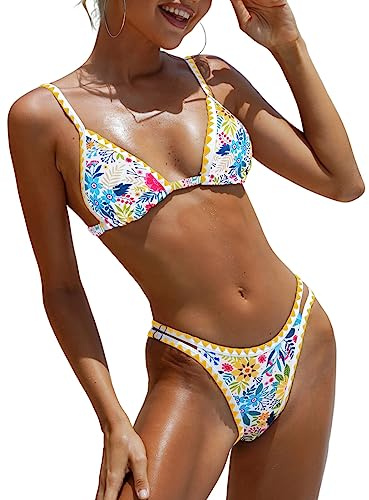 BIKINX Damen-Badeanzug, sexy Tanga, Mikro-Bikini, Ditsy, Blumenmuster, zweiteilig, Badeanzug, Farbblock, Bandeau-Badeoberteil, 2 x Dreieck, Gelb, 6, 38-40