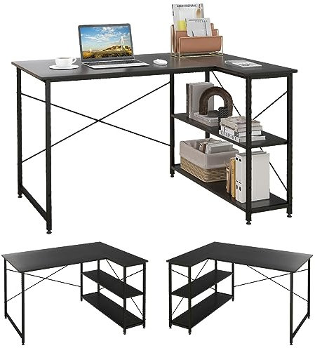 COSTWAY Escritorio Esquinero 120cm, Escritorio L con Estantes de Almacenamiento, Mesa Ordenador Reversible L, 120 x 88 x 74,5 cm (Negro)