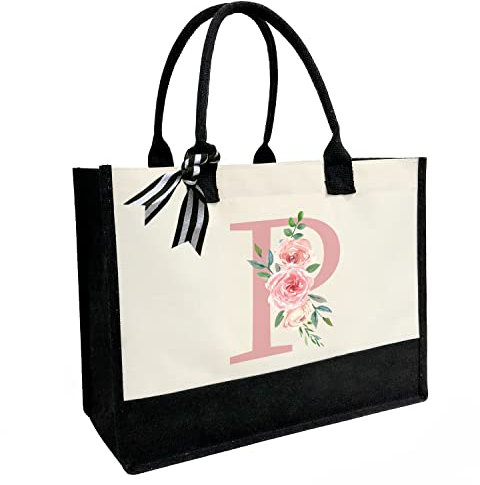 Personalisierte Strandtasche aus Segeltuch mit Innentasche mit Reißverschluss, doppelte Schultergurte, monogrammierte Jute-Tasche für die tägliche Arbeit und Reisen, Pinker Buchstabe P, Einheitsgröße