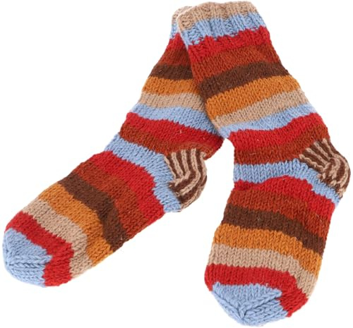 GURU SHOP Handgestrickte Gefütterte Schafwollsocken, Bunte Haussocken, Hüttensocken, Nepal Socken - Rot/Blau, Herren/Damen, Size:L (41-43)