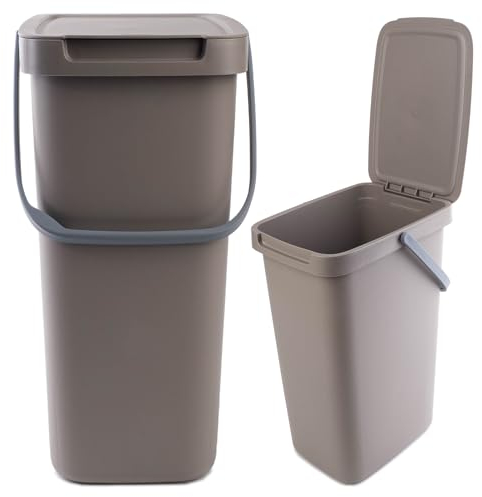 KADAX Abfallbehälter mit Deckel und Griff, Abfalleimer aus Plastik, Mülleimer für die Mülltrennung, Rechteckiger Abfallsammler mit Klappdeckel (Braun, 12L)