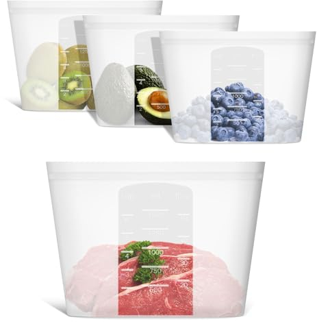 Annaklin Große wiederverwendbare Lebensmittelbeutel, 4 Stück, 100 % Silikon, mit Reißverschluss, Lebensmittelbehälter, Gefrierschrank, Mikrowelle, spülmaschinenfest, durchscheinend