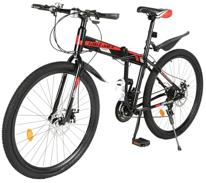Donened 26 Zoll Klappbar Mountainbike, 21-Gang Faltbare Fahrrad mit Scheibenbremsen vorne und hinten, Vollfederung MTB für Jugendliche Erwachsene (Schwarz, Rot)