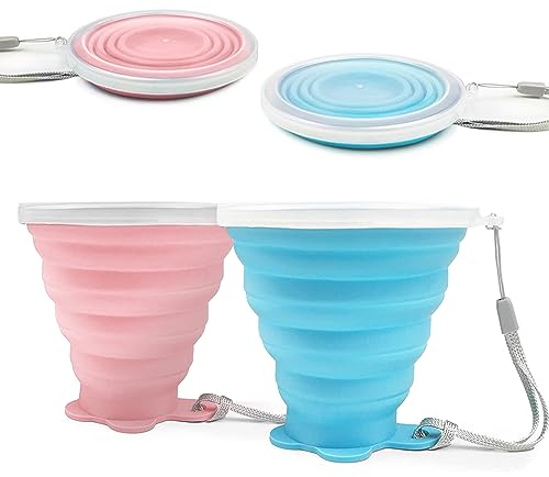 FUZVOL Silicone Foldable Mug with Lid for Camping,2 Pack Collapsible Silicon Cup for Travel,BPA Free Portable Drink Mugs Reusable Cups Retractable Mugs for Outdoor Hiking (Blue+Sakura Pink)