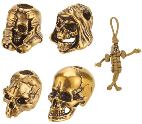 NBEADS 4 Stk. 4 Stile Europäische Perlen aus Messing, Schädel Lanyard Perlen Messing-Seil Perlen Antike Golden Large Hole Perlen für EDC Geflochtene Seil Anhänger Schnalle Schlüsselanhänger