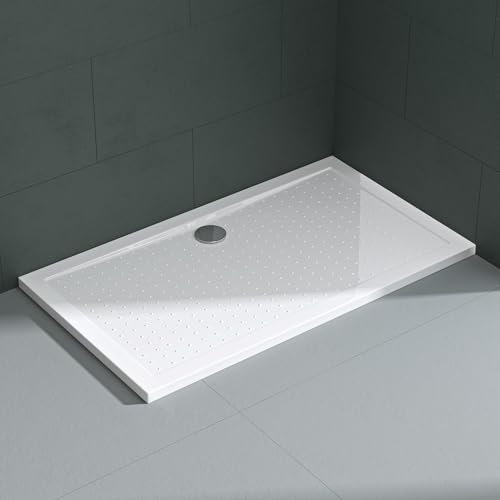 Mai & Mai Shower Tray Bathroom | Acrylic | White | Rectangular Shower Tray | WDH: 90×140×4cm | Anti-Slip Shower Base for Shower Enclosures Lucia02AR Incl. Drain Set AL01