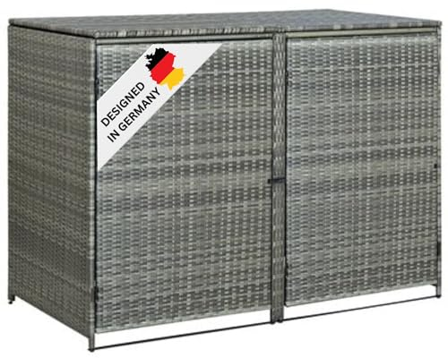 DEUKE 2er Mülltonnenbox TRIE aus Rattan | 111x148x80cm Anthrazit | Mülltonnenverkleidung für 2 Tonnen Müllbox aus Rattan Mülltonnenschutz Mülltonnendach