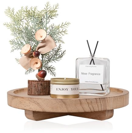 Round Decorative Tray Wood Bathroom Counter Organizer Farmhouse Kitchen Decor Wooden Riser for Soap Dish, Perfume, Candle, Sponge, 8 - Brown