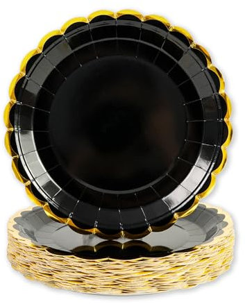 AHPYEUHK 50 Pcs Black Paper Plates for New Year 9 Inch Birthday Decorations Dinnerware Lace Gold Dessert Plates for Birthday Wedding Party Supplies Tableware