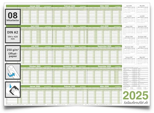 Kalenderoutlet Personalplaner 2025 Din A2, Urlaubsplaner 2025/26 feucht abwischbar 59,4x42,0cm für bis zu 8 Mitarbeiter grün gerollt geliefert