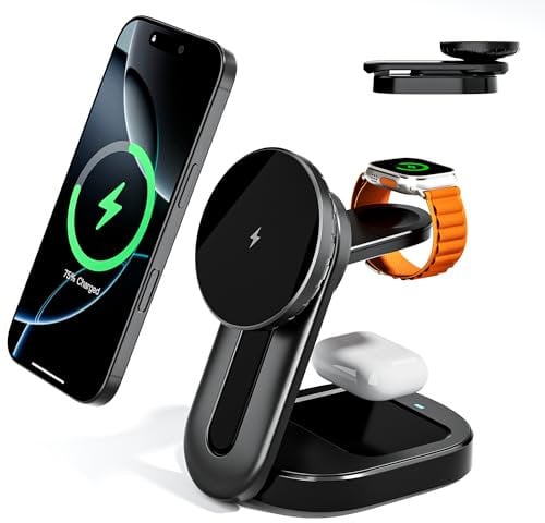 KPON 3-in-1 Magsafe Ladestation für Apple Watch und iPhone, Faltbare iPhone-Ladestation Kompatibel mit Apple-Geräten, 15 W tragbarer Reisekcharger mit Schnellladefunktion (inkl. PD 3.0 Adapter)