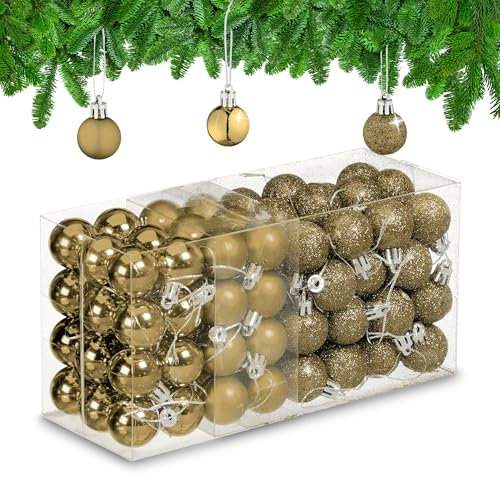 Relaxdays Weihnachtskugeln im 96er Set, glitzernde, matte & glänzende Baumkugeln, Weihnachtsbaumdeko, Kunststoff, gold