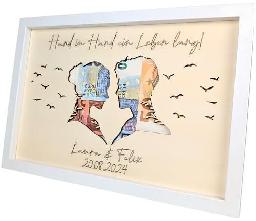 Geldgeschenk Hochzeit - Personalisiertes Holz Brautpaar - Einzigartiges Hochzeitsgeschenk für Brautpaar oder Geschenk Freundin Geburtstagsgeschenk - Text und Datum auswählbar - Bilderrahmen