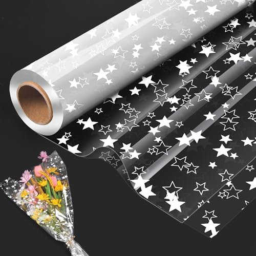 Cellophane Wrap Clear Wrapping Paper Roll with Star Pattern,80CM x 30M Folded Florist Extra Wide Gift Wrappings for Christmas Birthday Gifts Hampers Easter Basket Valentines Day Flowers Crafts