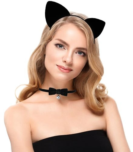 SALGIA Serre Tête Oreille de Chat et Collier Clochette, Bandeau Oreille de Chat Noir, Accessoires Déguisement Chat Femme, pour Halloween, Cosplay, Carnaval