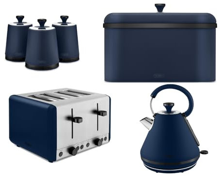 Tower Sera 1.7L 3KW Pyramid Kettle, 4 Slice Toaster, Breadbin & Tea, Coffee, Sugar Canisters in Midnight Blue with Smoked Black Trim. Contemporary Matching Tower Kitchen Set of 6 in Midnight Blue